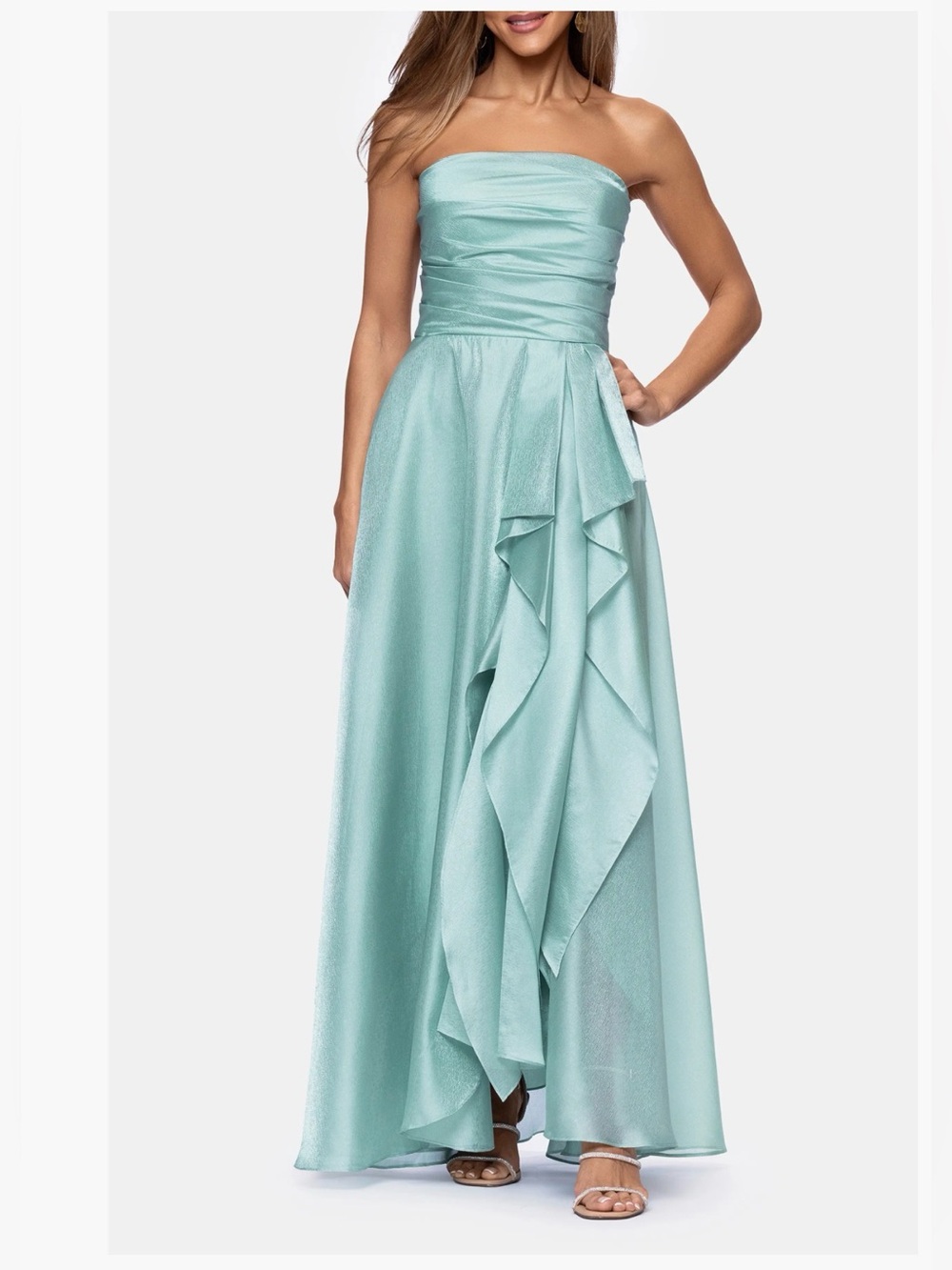 Xscape evening strapless ruffle metallic organza seafoam gown $258